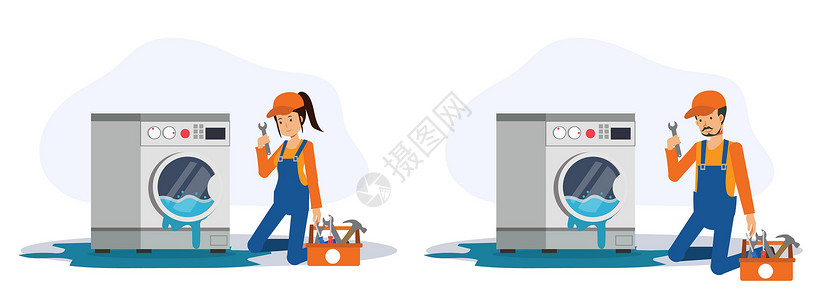 洗衣机工具一组男女机械师来检查和修理漏水的洗衣机 平面矢量 2D 卡通人物插图插画