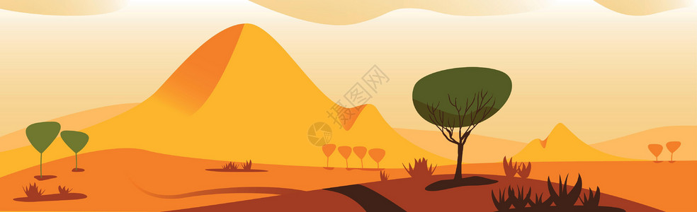肯尼亚旅游炎热的阳光明媚的热带草原沙漠     矢量插图土地旅行日出地平线日落卡通片大草原场景全景插画