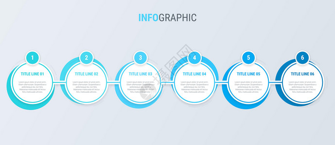 时间轴模板蓝色图表信息图表模板 具有 6 个选项的时间轴 业务的圆形工作流程 矢量设计插画