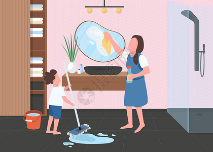 中年母亲浴室平面彩色矢量图中的春季大扫除插画
