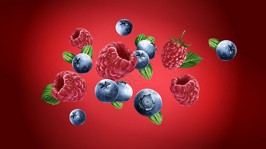 有机蓝莓草莓和蓝莓在红色背景下飞翔插画