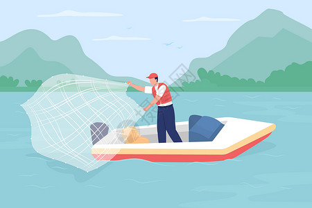 推船从船平面颜色矢量它制作图案的网捕鱼插画