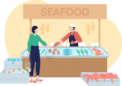 男性顾客海鲜摊位与冷冻生产 2D 矢量隔离它制作图案插画