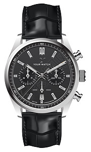 手表黑色逼真的手表时钟银色皮革表带黑色白色插画