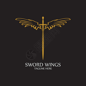 带翅膀的剑 黑色背景上的金色剑符号收藏标识字母标签勋章品牌商业花圈安全字体背景图片