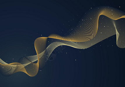 条粒子元素深蓝色背景上带点粒子元素的抽象动态波浪黄线插画
