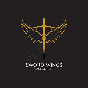 带翅膀的剑 黑色背景上的金色剑符号安全字体公司卡片桂冠优胜者品牌花圈商业收藏背景图片