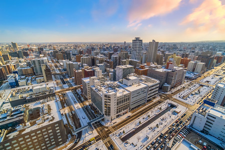 札幌市中心中天线城 日本日落的日落建筑旅行天际地标城市景观建筑学风景背景图片