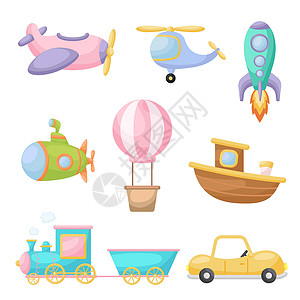 火箭飞机玩具收集可爱的卡通交通工具 一套用于设计儿童图书专辑婴儿淋浴贺卡派对邀请屋内部的车辆 明亮的彩色幼稚矢量图男生孩子飞机生日潜艇卡通片插画