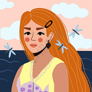 女孩捉蜻蜓一个美丽的年轻女子的肖像 红色头发在海面背景上 现代平板风格 漂亮女孩 矢量插图设计图片