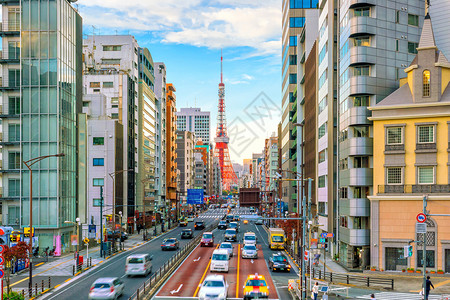 东京交通东京塔的东京市街景建筑物游客场景技术商业街道地标旅行旅游日落背景