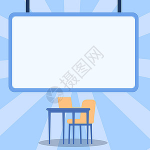 书写白板空白的白板绘图 笔记本电脑放在带椅子的桌子上 带有电脑桌和座椅的空板设计显示空的书写空间材料海报职业绘画办公室商务框架创造力推介插画