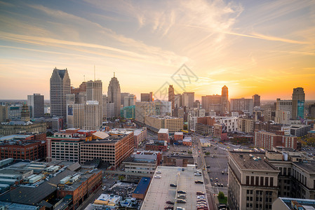 底特律市中心的空中景象建筑学垃圾商业街道首都办公室高楼边界日落地标背景图片
