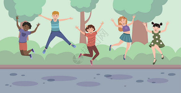 浇个朋友5个快乐的孩子在森林背景上欢喜地跳跃着欢乐-矢量设计图片