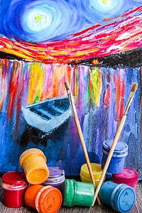 梵高自画以梵高为风格的绘画用水彩色卷子 油油漆 布鲁谢塞和木制彩皮笔模拟艺术品艺术天赋天空森林青年阴影孩子宇宙背景