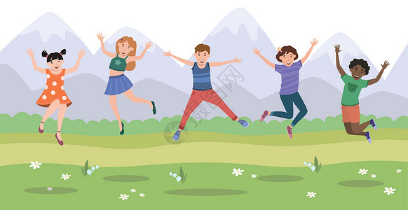 浇个朋友5个快乐的孩子在山地背景上为欢乐而跳跃     矢量微笑幼儿园朋友教育喜悦绘画艺术乐趣女孩学生设计图片