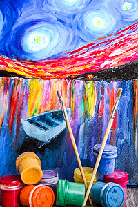 梵高的画以梵高为风格的绘画用水彩色卷子 油油漆 布鲁谢塞和木制彩皮笔星星森林宇宙蓝色艺术模拟夜空水粉创造力天赋背景