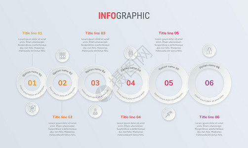 数字内容带有圆形元素的红色矢量信息图表时间线设计模板 内容时间表时间线图工作流程业务信息图表流程图  6 个步骤信息图插画