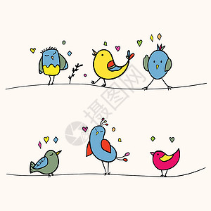 小鸟唱歌有趣的五颜六色的鸟儿坐在电线上 彩色平面矢量图和卡通小鸟 可爱的角色 给孩子的明信片设计图片