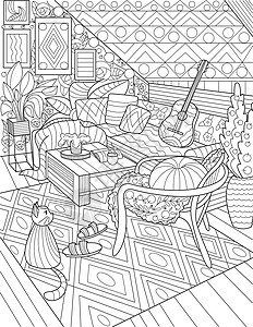 小区公共区域房子客厅线条图与椅子中心桌沙发吉他植物猫地毯 家庭公共区域与家具着色书页设计图片