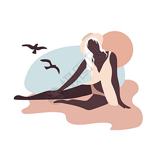 洛杉矶海滩女人 海和鸟米色矢量简约艺术中的抽象蜜月红陶卡通片海滩服装黑发互联网女性女孩棕褐色插画
