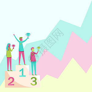站在领奖台上的三名参赛者手拿奖杯庆祝胜利 参赛者站在平台上绘画 他们戴着奖牌 拿着比赛杯墙纸成人幸福团队计算机营销活动卡通片货币设计图片