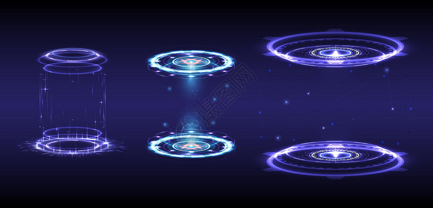 激光投影仪发光的 HUD 元素中的科幻数字高科技系列 科学未来派的全息图门户 奇幻游戏中的魔法传送门 抽象技术 传送讲台  GUIUI虚拟插画