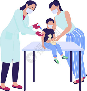 疫苗剪贴画孩子得到 covid 疫苗半扁平颜色矢量字符插画