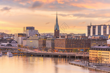 瓦奇拉坦斯德哥尔摩老城市天线 瑞典城市风景地标天际房子风景蓝色天空教会首都旅游日落背景