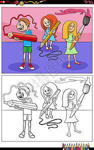 卡通涂色素材卡通小学生儿童用铅笔涂色书页设计图片