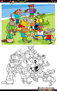 踢足球的卡通动物着色书页背景图片