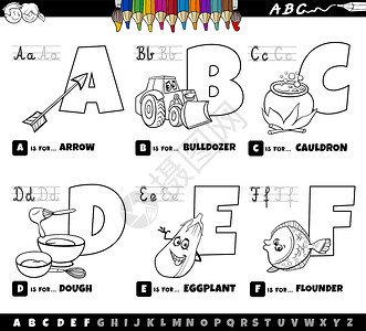 比目鱼教育卡通字母设置从 A 到 F 彩色书页收藏学习语言首都彩书英语插图染色工作填色插画