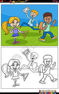 卡通涂色素材卡通小学生涂色书页设计图片