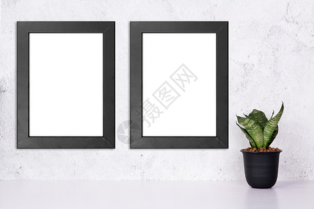 黑色植物框架墙上的黑色框架模型和家里桌面上的盆栽植物 桌面上展示的模型海报 画廊照片和图片的设计 广告的边框模板小样房间花盆作品植物学推介会背景