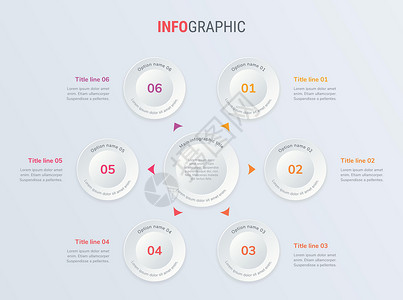 带有圆形元素的红色矢量信息图表时间线设计模板 内容时间表时间线图工作流程业务信息图表流程图  6 个选项信息图背景图片