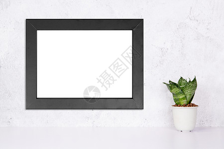 黑色植物框架墙上的黑色框架模型和家里桌面上盆栽的植物模型 桌面上展示的模型海报 画廊照片和图片的设计 广告的边框模板背景
