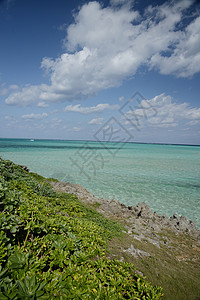 冲绳水晶海蓝色海滩绿色晴天假期热带白色天空海洋背景图片