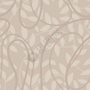 米色粗糙浅灰褐色米色无缝图案 手绘叶子和藤本植物插画