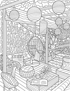 染色灯休息区涂鸦灯挂椅着色书页 客厅涂鸦套装沙发中心桌子无色线条画设计图片