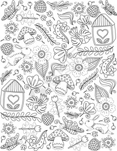 自然涂鸦植物花卉动物无色线条画 涂鸦艺术水果叶子蘑菇花瓣房子昆虫着色书页背景图片