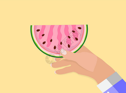 勒芒自然主义的手拿着一块美味的西瓜 它制作图案矢量热带插图种子果汁水果绿色打印艺术食物红色插画
