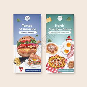 美国照片具有美国食品概念 水彩风格的传单模板餐厅旅行糕点芝士盘子美食汉堡牛肉蔬菜国家插画