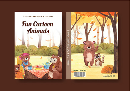 封面书模板与秋季动物概念 水彩风格季节森林营销水果黄色插图广告野生动物橡子推介会背景图片