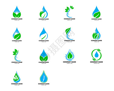 一套水滴叶自然标志设计模板环境插图水滴活力生物身份公司商业蓝色生态设计图片