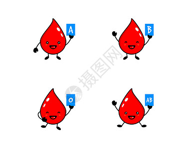 红色浓稠血滴可爱快乐健康微笑血滴特征矢量现代时尚平面风格卡通插画图标设计在白色背景下隔离血型群性格概念插画