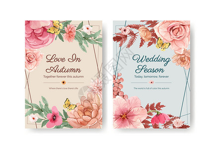带有婚礼秋季概念的明信片模板 水彩风格广告插图卡片褐色玫瑰叶子花束季节树叶邀请函背景图片