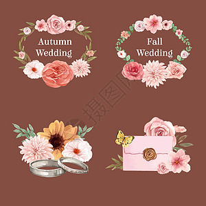 具有婚礼秋季概念的花束模板 水彩风格明信片广告褐色邀请函插图植物玫瑰营销季节树叶背景图片