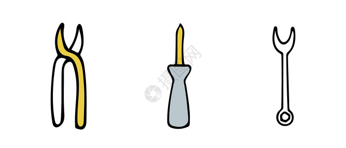 三叉套筒涂鸦风格修复工具的矢量插图 黄色和灰色 矢量图硬件锥子维修建造卡通片工作套筒作坊商业装修插画