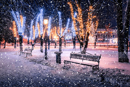 冬季夜间公园下雪 有圣诞节装饰品 灯光 铺满雪和树木的行人道季节装饰城市公共公园胡同路灯灯笼圣诞人行道调子背景图片