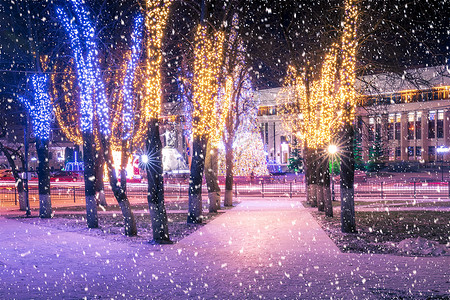 冬季夜间公园下雪 有圣诞节装饰品 灯光 铺满雪和树木的行人道冻结路灯人行道公共公园小路降雪胡同场景季节圣诞背景图片